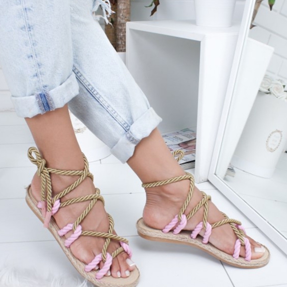 Women's 7.5 Rope Lace Up Boho Roman Sandals